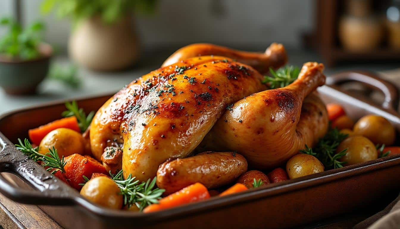 découvrez nos astuces pour cuire un poulet rôti au four avec une peau parfaitement dorée et une chair savoureuse et juteuse. suivez nos conseils simples pour un repas réussi à chaque fois.