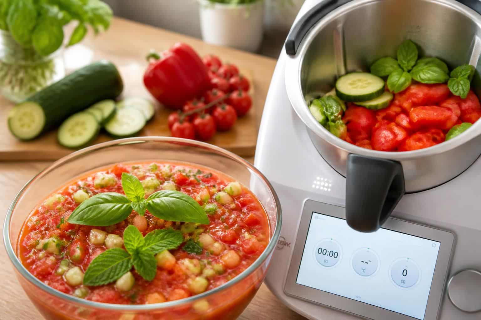 découvrez une recette rafraîchissante de gaspacho tomate concombre pour thermomix, agrémentée de poivron, menthe et basilic, idéale pour l'été et facile à préparer.