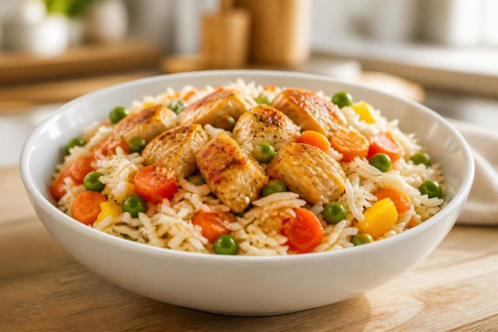 découvrez notre recette facile et savoureuse de riz aux légumes et poulet, un plat complet et équilibré parfait pour un repas nutritif et délicieux.