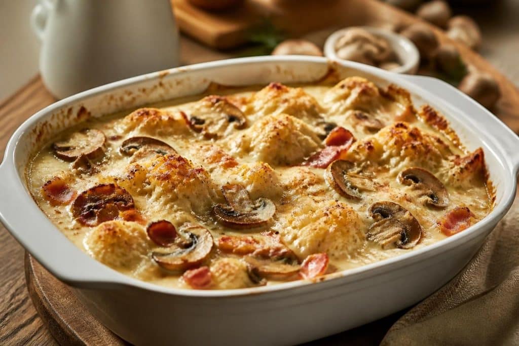 découvrez notre délicieuse recette de gratin aux champignons, chou-fleur, lardons et crème, parfaite pour un plat réconfortant et savoureux.