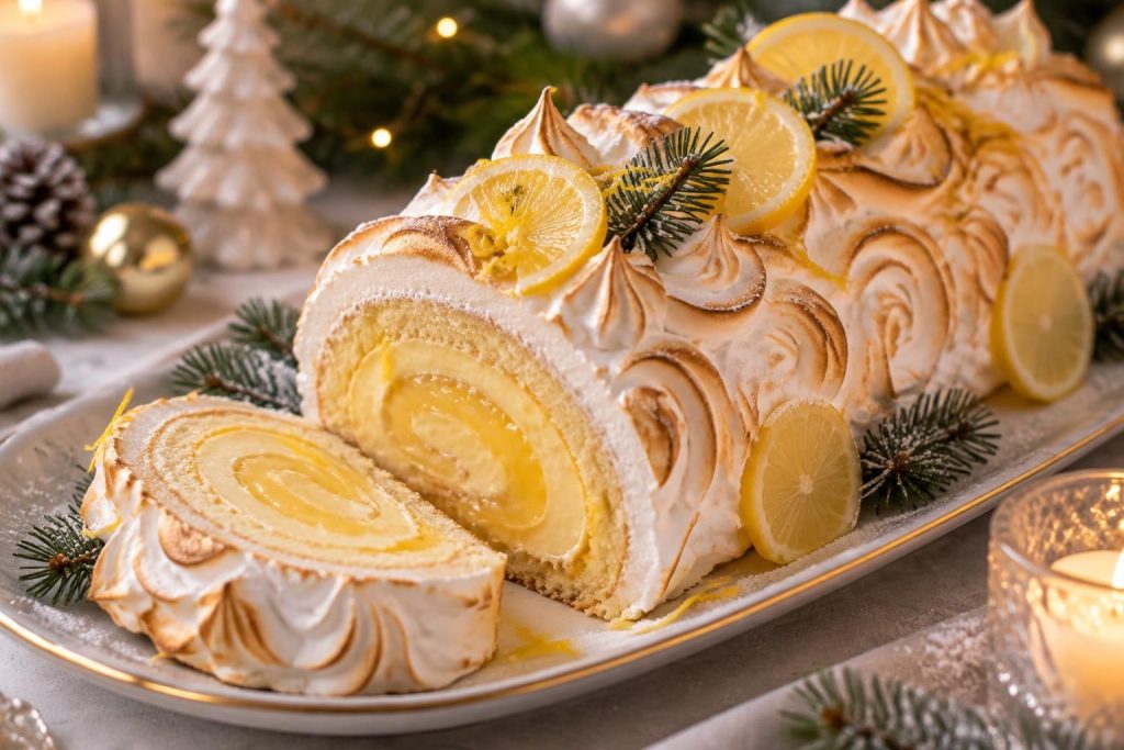 découvrez une bûche de noël au citron facile à préparer, garnie d’une crème acidulée et recouverte d’une meringue légère et dorée.