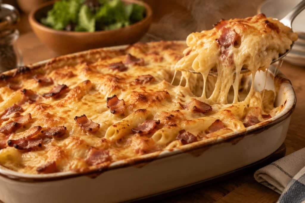découvrez comment préparer un gratin de pâtes au four avec des lardons croustillants et du fromage fondant, pour un plat gourmand et facile.
