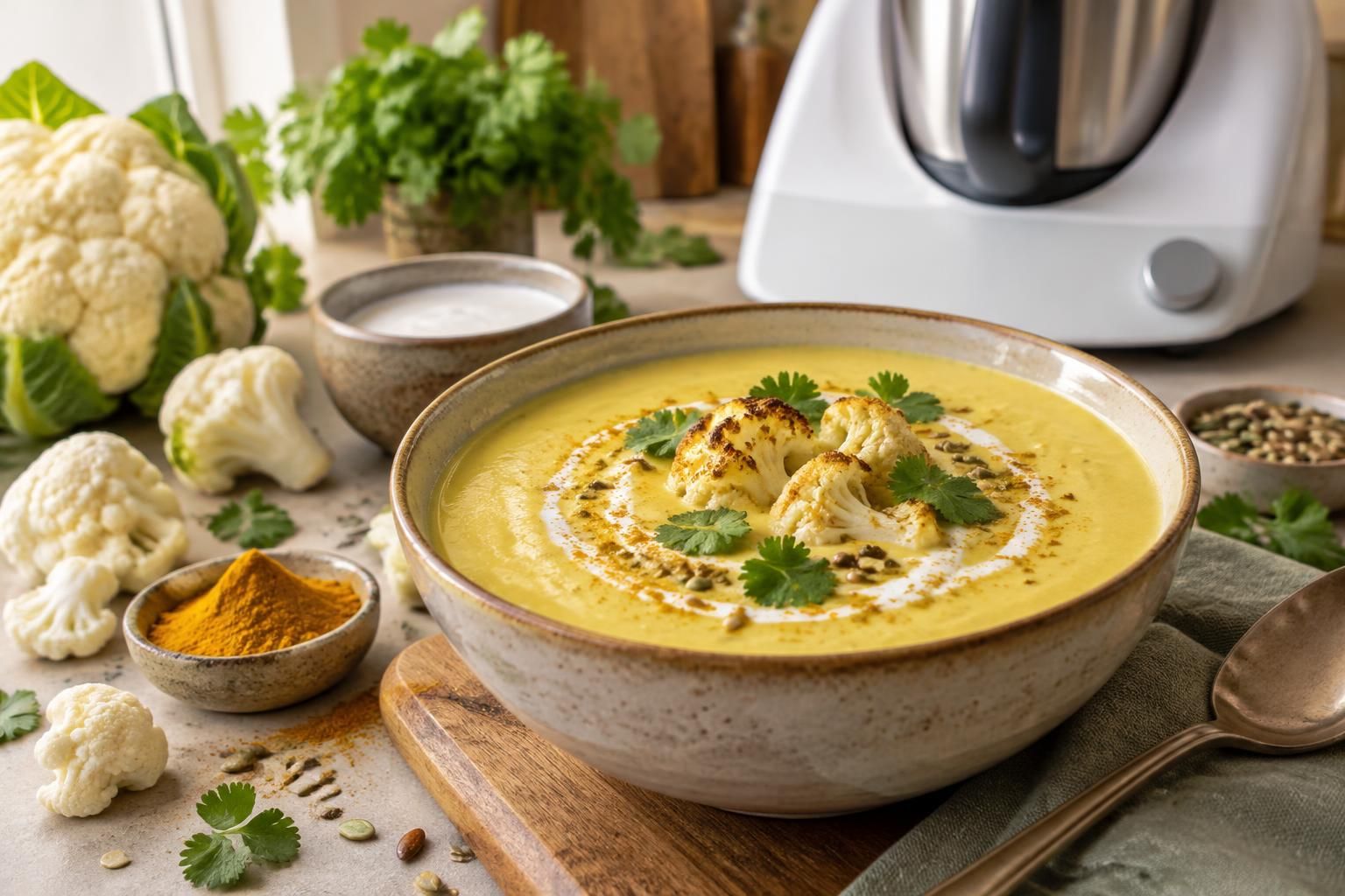découvrez un velouté de chou-fleur au curry facile et parfumé, avec des variantes adaptées au thermomix pour un repas doux et savoureux.
